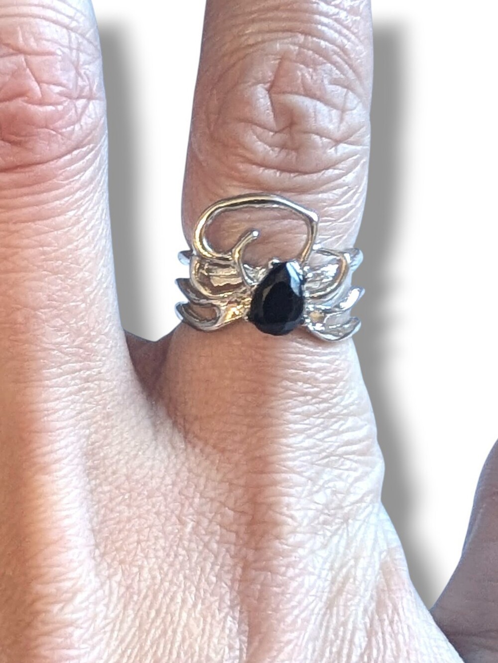 NWT Silver Spider Legs Black Gemstone Ring Adjustable Size